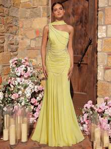 Glamrae Đầm dạ hội sang trọng, thanh lịch với chi tiết chuỗi ngọc trai, chất liệu lưới co giãn, xếp ly, lệch vai, kiểu đuôi cá, tay bồng, thích hợp cho đám cưới, tiệc tùng, kỳ nghỉ, dạ hội. - Màu vàng - Xem 7