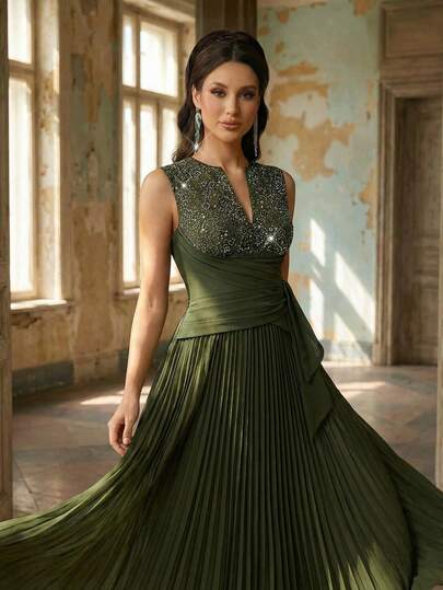 Aureia Elegant, Glamorous, And Stylish Military Green Sequined Embroidered Chiffon Dress With Pleats, V-Neck, Asymmetrical Waist, And A Super-Large A-Line Train. Suitable For All Formal Occasions, Wedding Guests, Dates, Parties, And Elaborate Evening Gowns. Hunter Green Dress Olive Green Formal Dress Women Emerald Green Formal Dress Green Bridesmaid Dress Elisanya Elegant Dress
