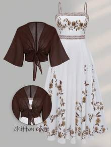 Franclia Đầm và áo khoác voan hoa mùa hè dành cho nữ cỡ lớn, bộ đồ 2 mảnh thanh lịch, đồ phối hợp mùa hè cho nữ, quần áo nữ, đầm kiểu cổ điển, trang phục mùa hè cho nữ, đầm in hoa. - Cà phê nâu - Xem 1