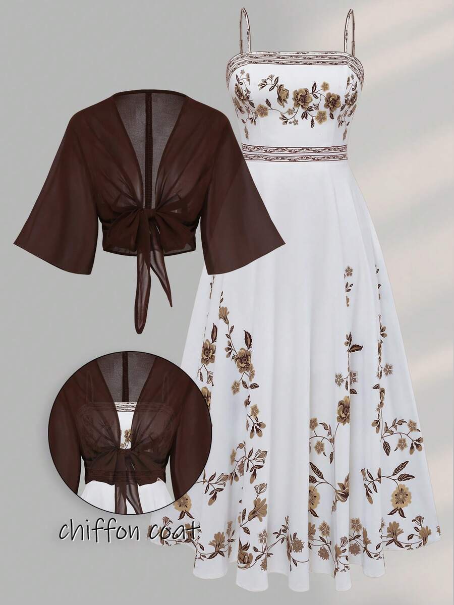 Franclia Đầm và áo khoác voan hoa mùa hè dành cho nữ cỡ lớn, bộ đồ 2 mảnh thanh lịch, đồ phối hợp mùa hè cho nữ, quần áo nữ, đầm kiểu cổ điển, trang phục mùa hè cho nữ, đầm in hoa. - Cà phê nâu - Xem 1