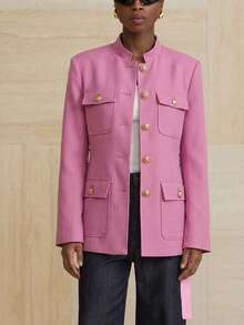 Aveloria Modichic Stand Collar Thick Tweed Single-Breasted Metal Button Decor Belt Utility Jacket - Pink - View 4