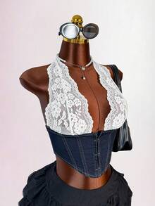 Amplova Women's Y2k Fashionable Sexy Lace Patchwork Open Back Halter Denim Top - Blue - View 3