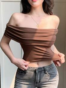 DAZY Brown Fitted Cropped Off Shoulder Top, Fashionable For Music Festivals, Summer & Spring Top - Brown - View 5