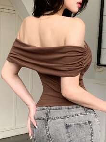 DAZY Brown Fitted Cropped Off Shoulder Top, Fashionable For Music Festivals, Summer & Spring Top - Brown - View 6