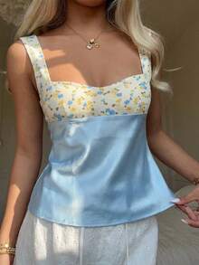 CovetEZ 2026新款甜美奶油黄碎花蓝色休闲派对亮面缎面粉色波点撞色拼接露背系带吊带背心（女款） - 彩色 - 查看 6