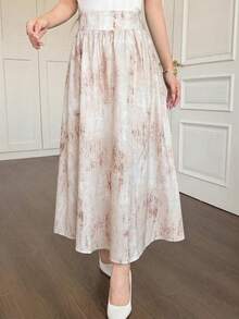 Celisse Chân váy nhuộm tie-dye màu mơ giả vải lanh dành cho nữ - Màu be - Xem 3