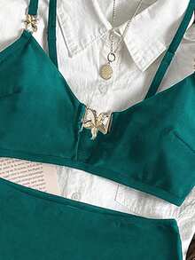 Swim Chiccia Women's Solid Color Metal Decor Tankini Swimsuit Set, Suitable For Summer Beach Wear Bikini Set For Women Bathing Suit 2 Piece Set - Dark Green - View 6