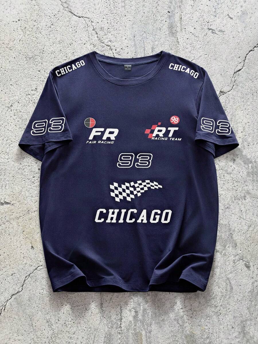 Manfinity Streetrush Men's Round Neck Short Sleeve Tee With Letter And Number Print, Casual Daily Wear - Navy Blue - View 1