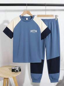 SHEIN 2pcs Tween Boy Casual Versatile Colorblock Design Round Neck T-Shirt And Pants Set, Suitable For Commuting, School, Daily Casual Wear, Sports, Spring/Summer - Blue - View 3