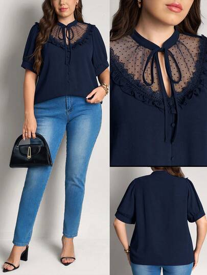 Comfylo 大码拼接透视网纱系带休闲衬衫 黑色衬衫 情人节生日大码透视上衣 大码女装衬衫 黑色上衣 女式衬衫 情人节女装 派对生日外出 优雅黑色波点