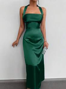 EURMUSE Vestido De Diseño Sólido Sin Mangas De Cuello Cuadrado, Con Cintura Ceñida Y Correa Para El Cuello - Verde - Ver 3