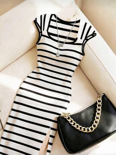 Franclia 女士优雅修身条纹方领显瘦撞色通勤办公连衣裙，春夏款，紧身，开衩，弹力