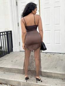 Alexandranx 女士蕾丝拼接半身裙，咖啡棕色，优雅女士，新年，派对，沙滩裙，缎面蕾丝半身裙，派对，新年，约会蕾丝半身裙，长款棕色半身裙，不对称半身裙，开衩半身裙，透视半身裙 - 咖啡棕 - 查看 2