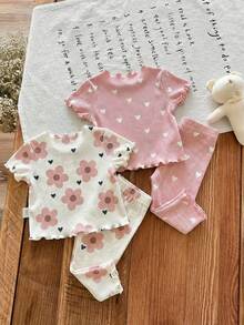 SHEIN LMoss Kids 新生女宝宝四件套休闲碎花荷叶边圆领短袖针织条纹睡衣套装，夏季 - 彩色 - 查看 2
