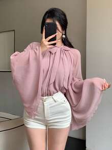 DAZY Áo kiểu nữ mùa hè thanh lịch, tay bồng, cổ buộc dây, chất liệu chiffon, dáng rộng, có bèo nhún, tay loe. - Hồng - Xem 5