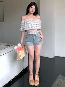 DAZY 印花露肩休闲度假夏季上衣，女士衬衫 - 白色 - 查看 5