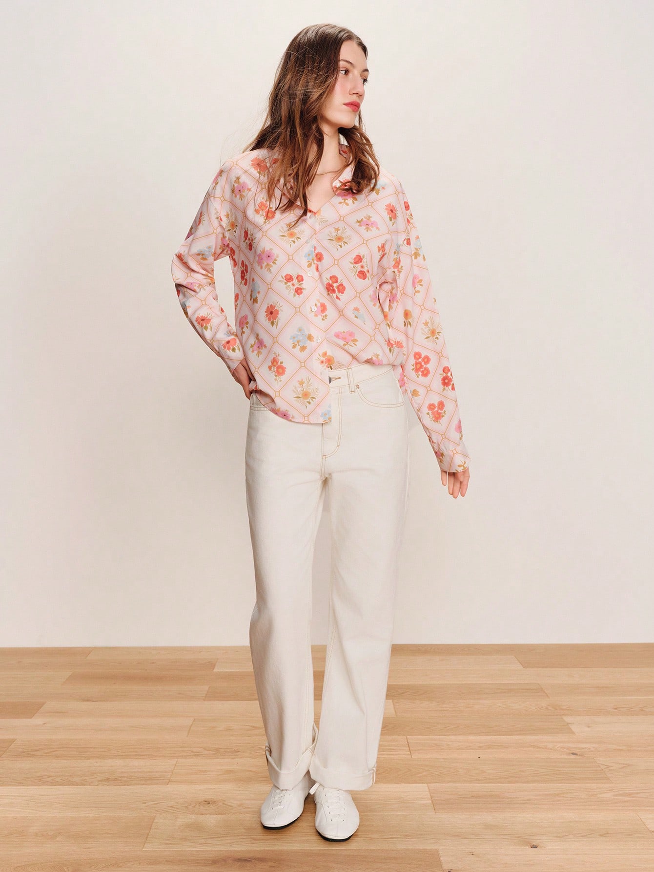 Lightweight Relaxed Pink Shirt With A Floral Graphic Print And Long Sleeves Spring Summer Style Office Outfit Going Out French Style Shirt Floral Shirt Business Casual Vacation Top