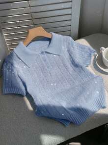 Comfortcana 浅蓝色短袖休闲针织女式Polo衫 - 淺藍色 - 查看 3