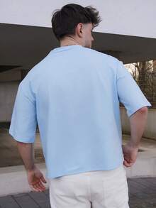 LEOGASHI LEOGASHI Kaos Lengan Pendek Rajut Longgar Kasual untuk Pria Muda, Motif Patchwork, Cocok untuk Musim Panas, Gaya Streetwear. - Baby Blue - View 2