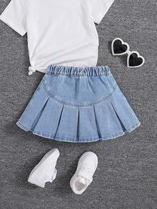 SHEIN Young Girl's Casual Pleated Denim Skirt, Summer - Light Wash - View 2