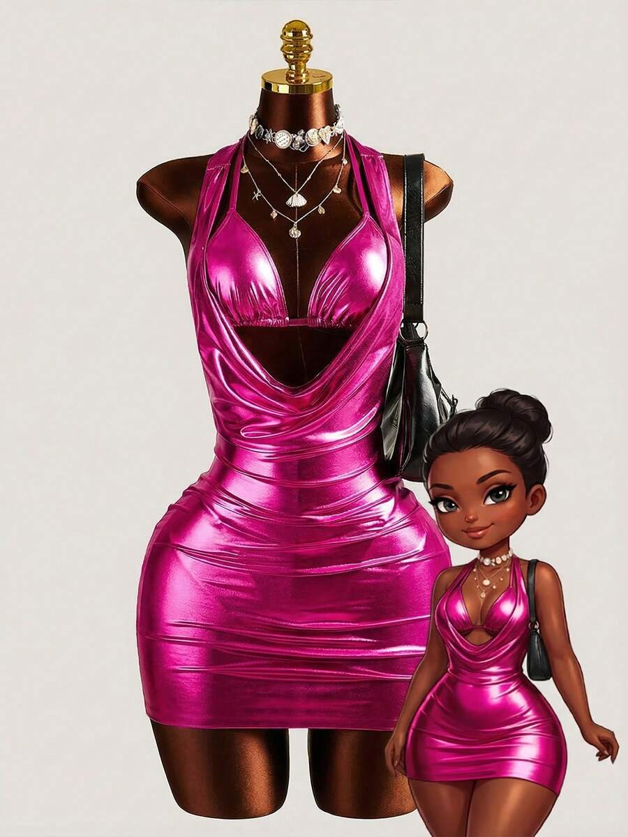 Swim SXY 两件套金属金色亮面面料泳衣套装，深V领三角上衣搭配丁字裤泳裤，性感沙滩度假风 - 玫紅色 - 查看 1