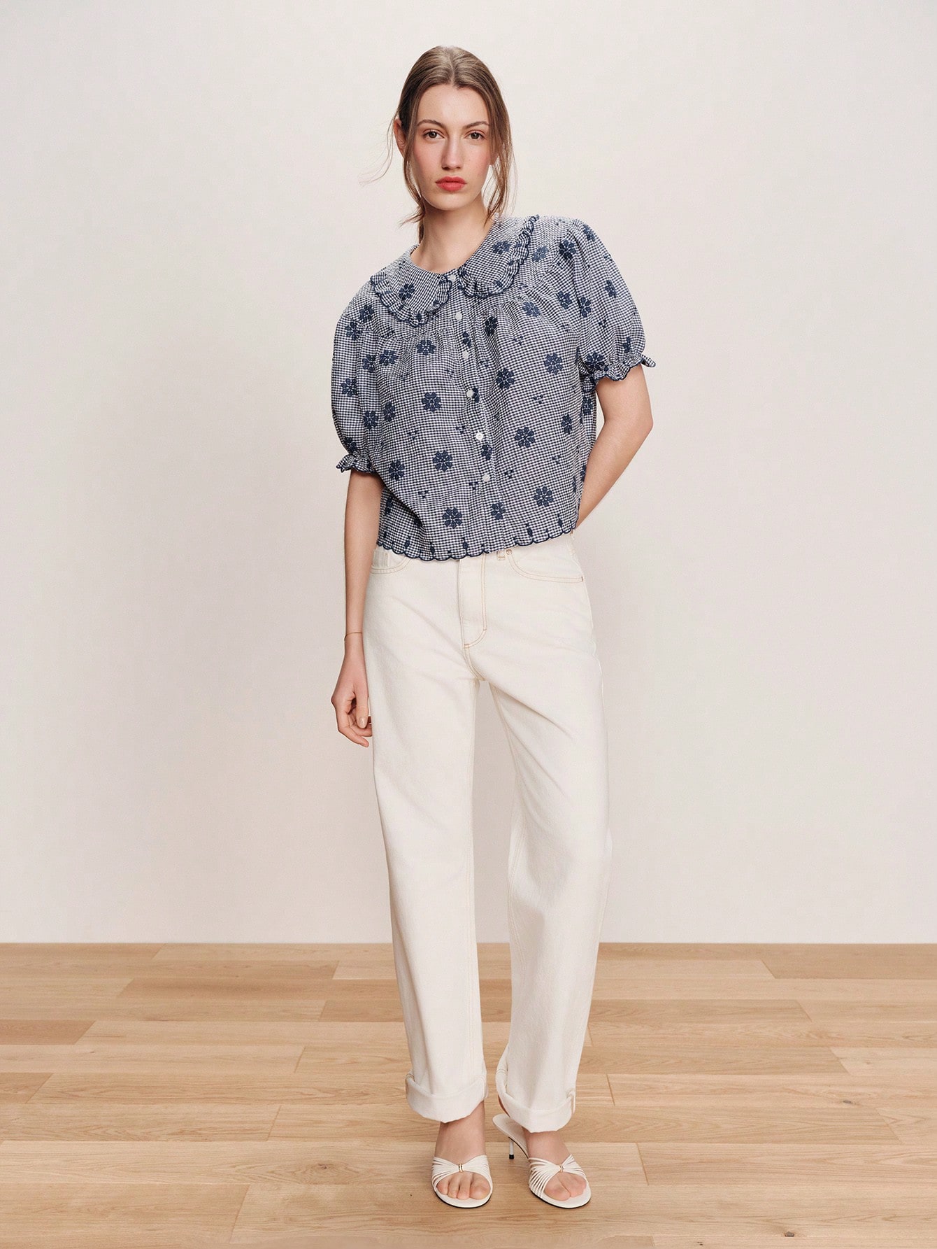 Blue Floral Embroidered Oversized Blouse With Scallops Edges French Style Vintage Top Spring Blouse Casual Cute Top Elegant Top Vacation Top Office Top Spring Summer French Style Parisian Style Blouse For Women Casual
