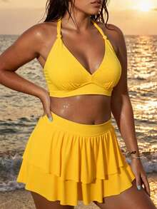 Slaydiva 2026新款多巴胺印花黄色V领系带露背上衣，搭配双层荷叶边下装，可爱休闲沙滩泳装套装，女士 - 黃色 - 查看 3