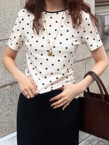 FRIFUL Women's Round Neck Flocked Polka Dot Fitted Contrast Trim T-Shirt Summer - Apricot - View 4