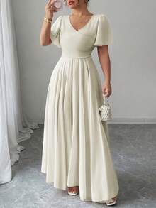 Elenzga Plus Size Women's V-Neck A-Line Chiffon Dress With Ruffle Sleeves, Elegant And Romantic - Apricot - View 6