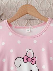 Camisón y ropa de estar en casa de niña con cuello redondo, manga corta, estampado minimalista de puntos rosados, letras en inglés y conejito lindo - Rosa - Ver 7