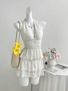 Elamini Women's Halter Neck Tie Knit Textured Top And Mini Frill Trim Skirt 2-Piece Set - Apricot - View 5