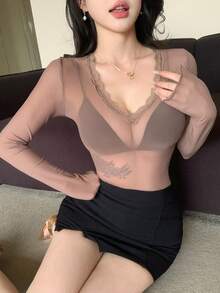 DAZY 女士蕾丝衬衫，棕色，性感，适合音乐节、情人节、婚礼、派对、正式场合、时尚、修身、优雅、通勤，透视网纱V领长袖上衣，适合春夏穿着 - 駝色 - 查看 11