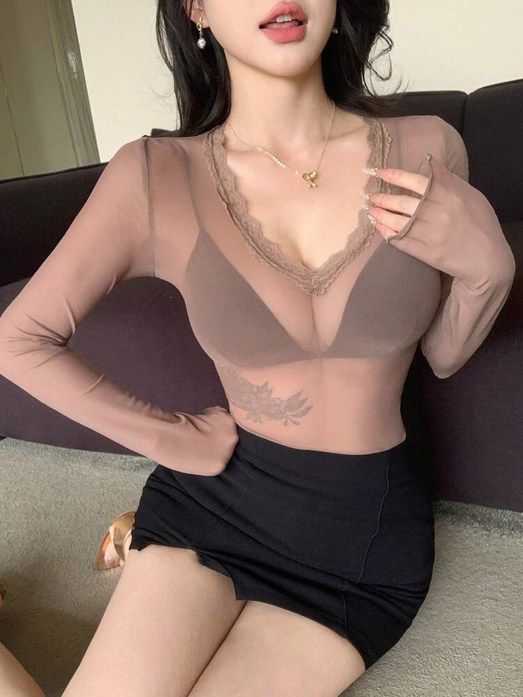 Women's Lace Blouse, Brown, Sexy, Music Festival, Valentine's Day, Wedding, Party, Formal, Fashion, Slim Fit, Elegant, Commute, Sheer Mesh V-Neck Long Sleeve Top, Suitable For Spring And Summer