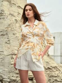 MOTF PREMIUM WOMEN'S LINEN PRINTED OBLIQUE PLACKET SHIRT - Yellow - View 10