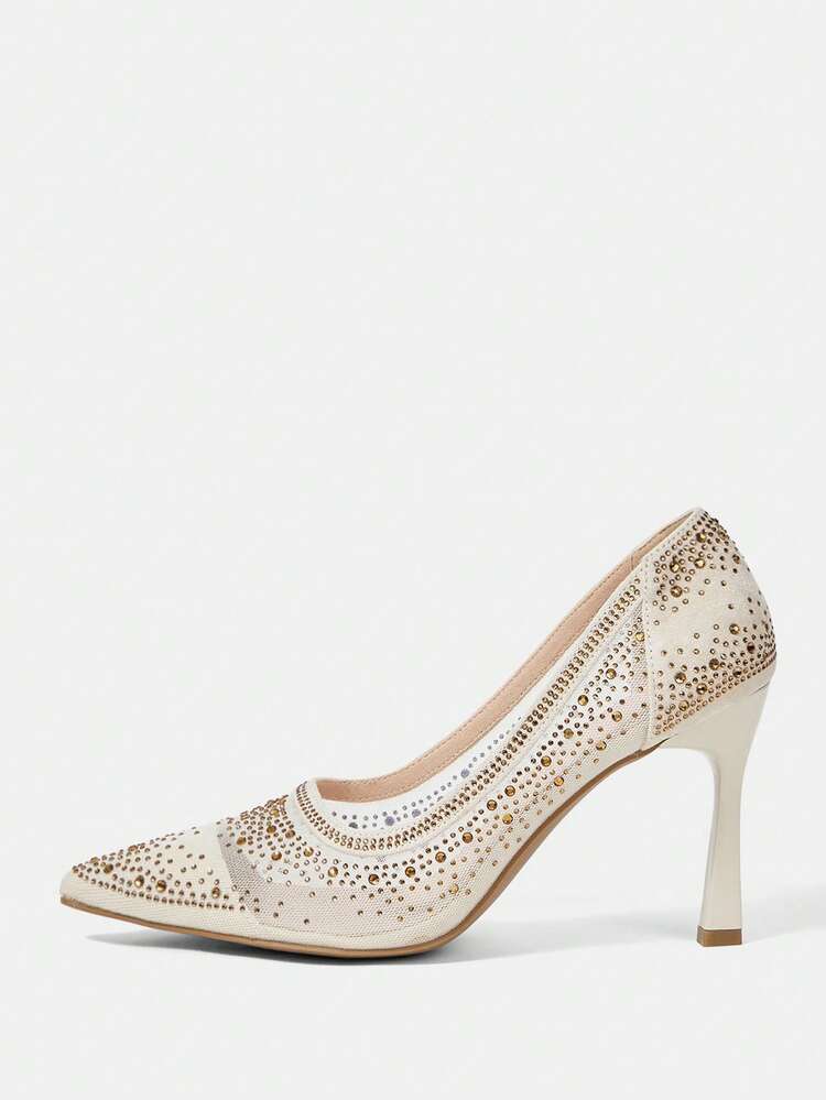 CUCCOO HITCHD Women's Pointed Toe High Heel Shoes, Rhinestone Decor Mesh Fabric, Fashion Comfortable For Daily, Party, Wedding, Slip-On Elegant Shoes Wedding Shoes