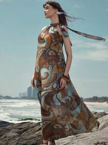 Aveloria Modichic Bohemian Style Chiffon Printed Halter Neck Tie Sleeveless Dress - Multicolor - View 4