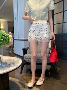 DAZY 女士米色波点网纱拼接高腰提花蕾丝迷你裙，适合娇小身材 - 黑與白 - 查看 7