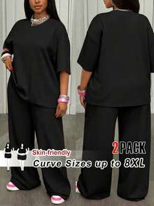 SHEIN CURVE+ Women's Plus Size 2 Pieces Black Lounge Sets,Summer Casual Loose T-Shirt & Wide Leg Pocket Pants,Textured Fabric Suit,Autumn Winter New Arrivals - Black - View 1
