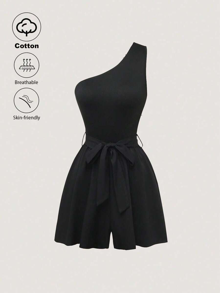 Franclia Summer Casual Solid Color Romper New Arrival Playsuit One Shoulder Playsuits For Women One Sided Playsuit - Black - View 1