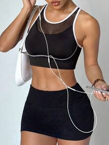 Gameset SHEIN Sport Women's Sports Bra With Front Panel Contrast Stitching,Removable Pads,Summer Athleisure Gym Outfit For Running,Yoga,Tennis,Golf,Black And White Top - Black - View 4