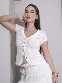 Duda Rubert Solid Color Knit Lace Short Sleeve V-Neck Fitted Women Top - Apricot - View 2