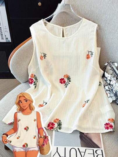 GlowEve CURVE Camiseta sin mangas de gasa con bordado floral de ancho completo, ideal para salidas casuales, vacaciones y viajes diarios, para mujeres de talla grande