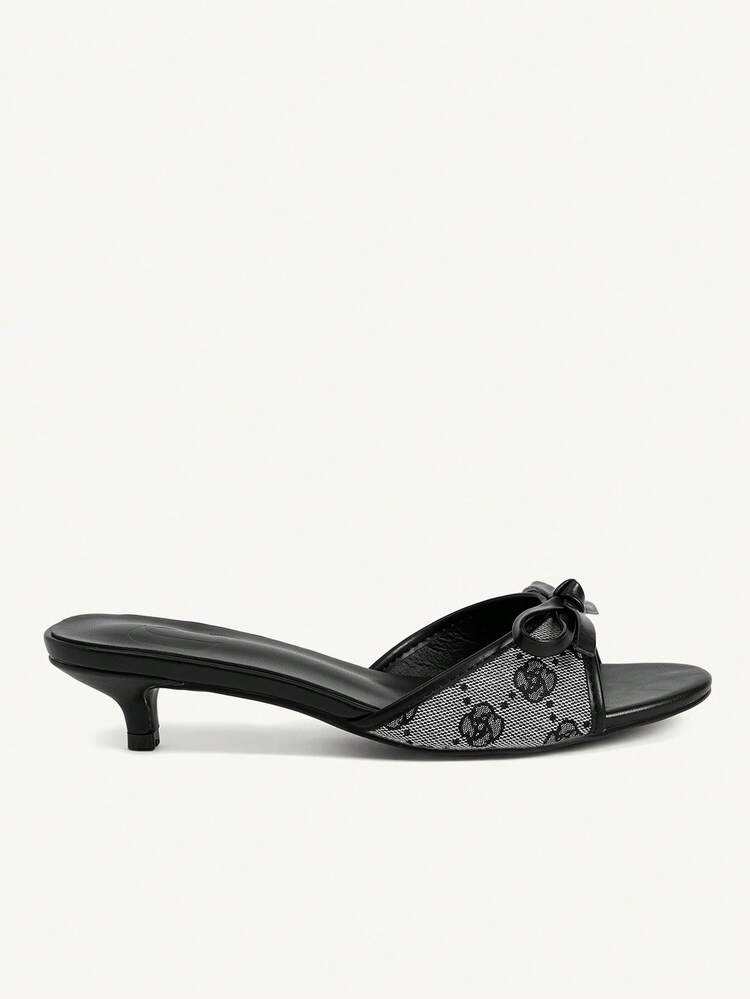 CUCCOO CHICEST Women Shoes Black And White Contrasting Color Rose Print Bow Design Elements Fashionable And Comfortable Spring And Summer Vacation Kitten And Cool Slippers