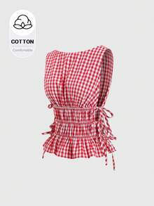 Sweetra Französischer Retro-Stil Damen Bluse für Frühling/Sommer, rot-weiß kariert, ärmellos, quadratischer Kragen, tailliert, Schleife, Rüschensaum, süß und kurz geschnitten - Rot-Weiß - Übersicht 1