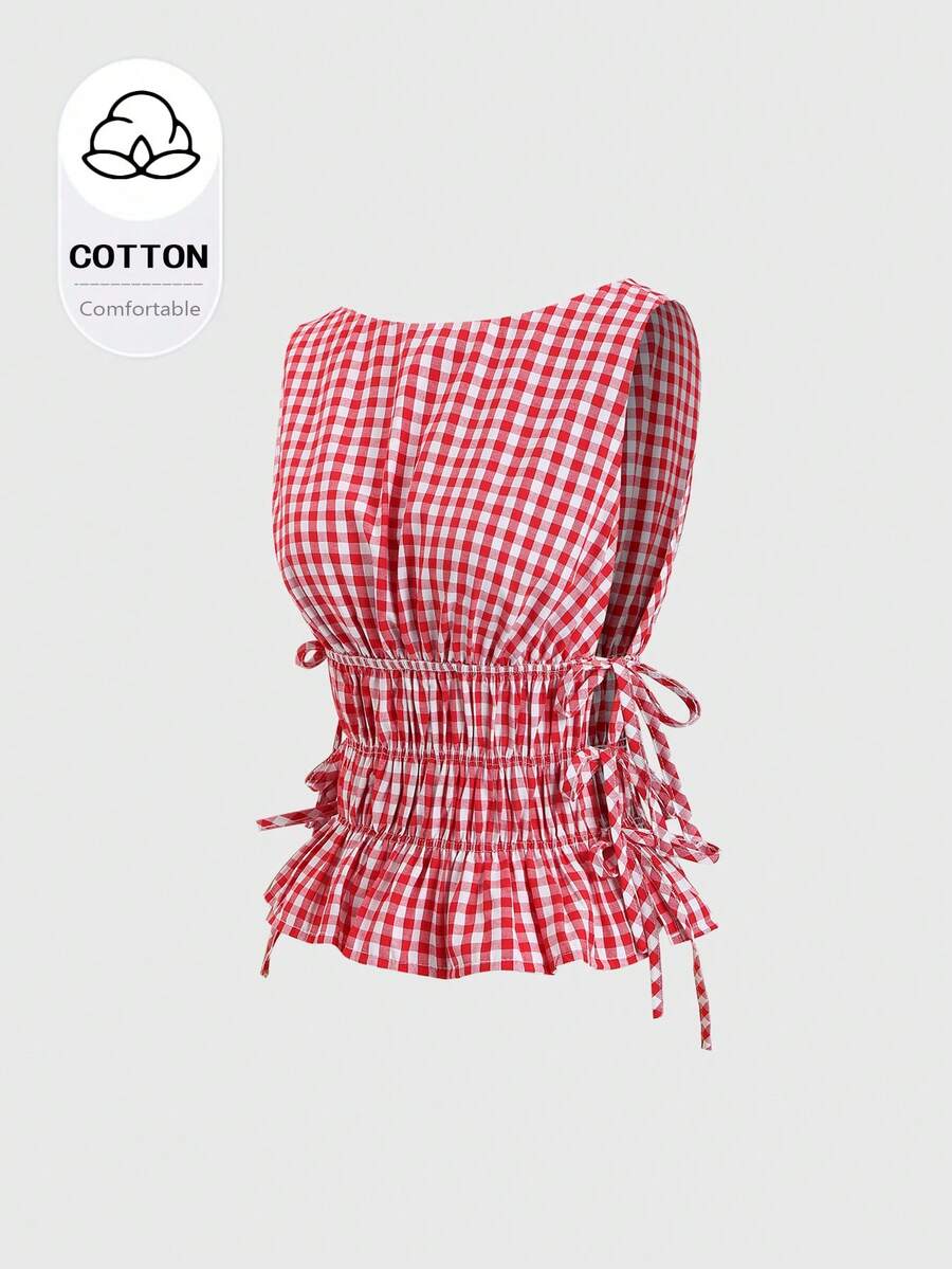 Sweetra Französischer Retro-Stil Damen Bluse für Frühling/Sommer, rot-weiß kariert, ärmellos, quadratischer Kragen, tailliert, Schleife, Rüschensaum, süß und kurz geschnitten - Rot-Weiß - Übersicht 1