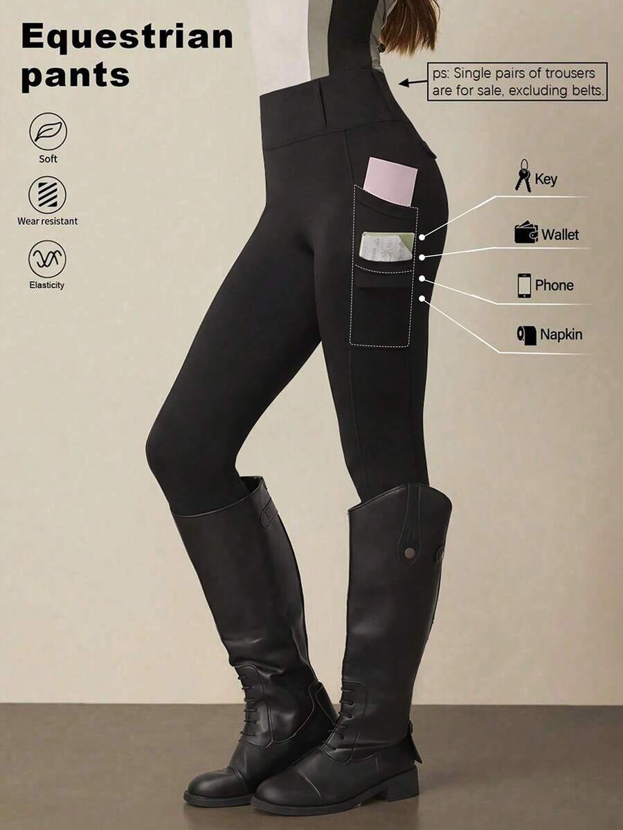 SHEIN With My Calm Women's Spring/Summer Equestrian Pants, Black Skinny 3/4 Length With Waistband, Double Layer Pockets, Suitable For Daily Casual, Running, Yoga, Gym, Tennis, Golf, Horse Riding Black Pants - Black - View 1