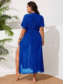 Swim Vcay Plus Size Women's Casual Vacation Beach Dress With Side Slit Floral Lace Patchwork - Royal Blue - View 2