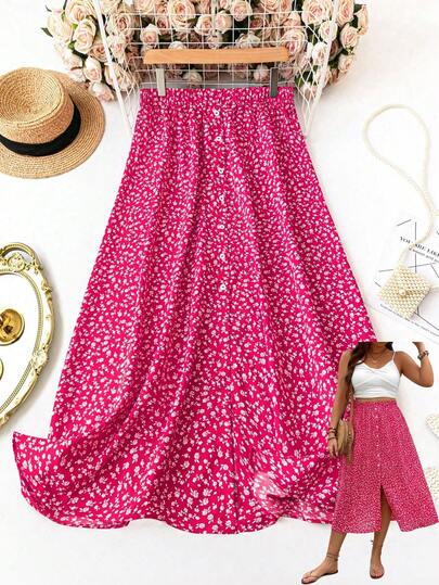 SHEIN LUNE Plus Size Vacation Leisure Front Button Floral Print Skirt For New Year Clothes Maxi Women