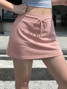 DAZY Women's Casual Solid Color Drawstring Waist Skirt, Summer - Pink - View 2