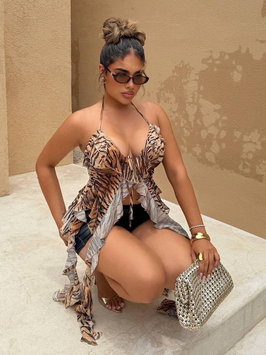 Maria Perezxox 合身虎纹网眼透视长领带设计不对称下摆女式背心 - 棕色 - 查看 1